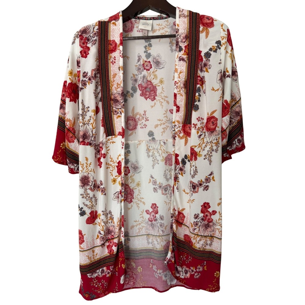 Knox Rose Women Medium Floral Open Front Kimono Cardigan White Red Boho Rayon